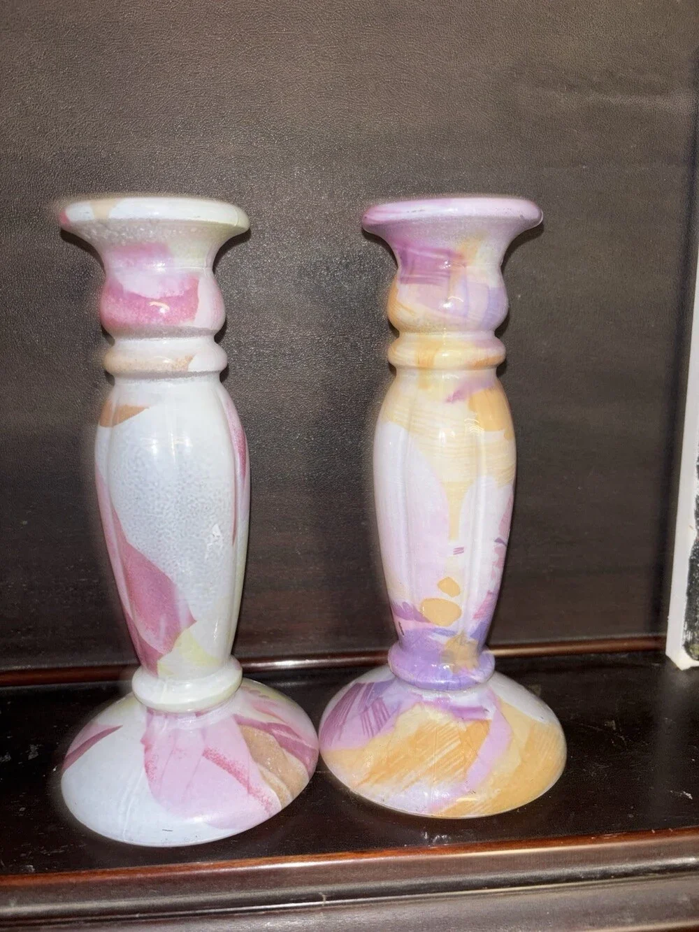 Decorated Glass Candle Holder PAIR 9 inch Pink Yellow Abstract